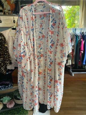Haptics White Floral Sheer Kimono - Pink & Blue Print